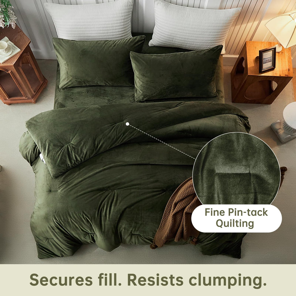 Velvet Comforter Set, Luxury Olive Green Soft Lightweight 3‐Piece