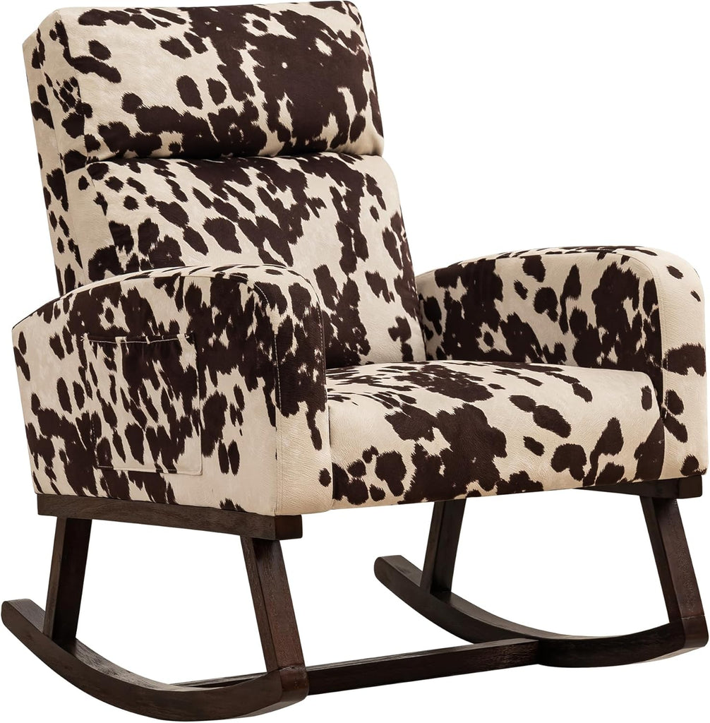 Nursery Rocking Chairs, Cow Printed Fabric Glider Chair Nursery Chair for Mom with High Backrest, Side Pocket and