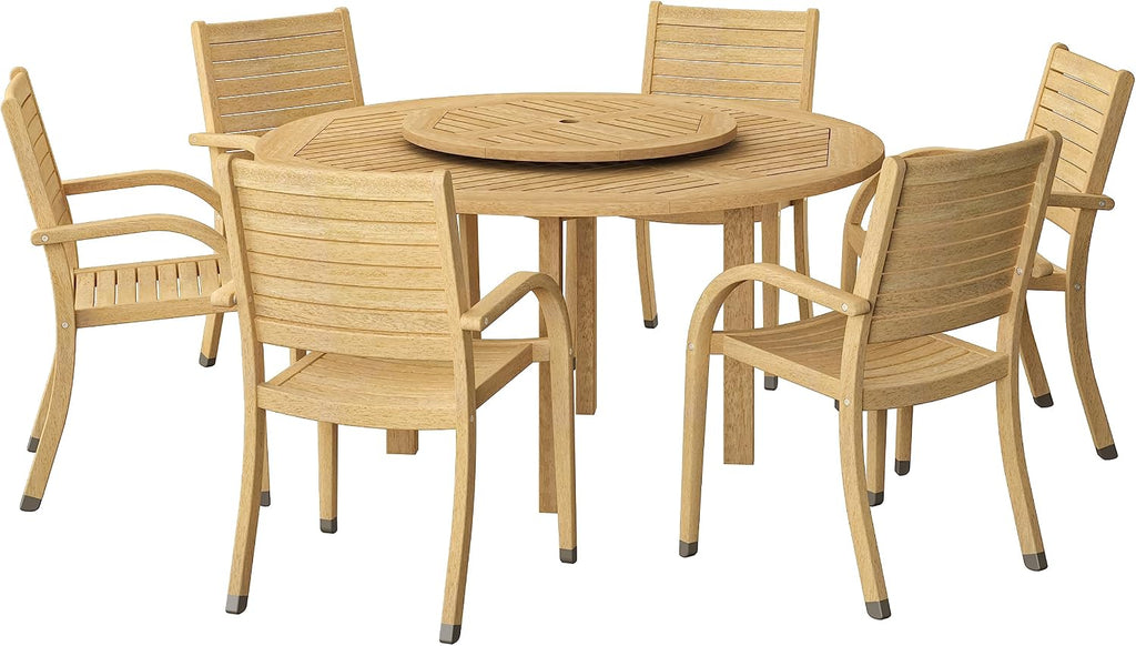 Powell 7-Piece Wood Patio Dining Set | Round Eucalyptus Table with Lazy Susan | Ideal for Outdoors