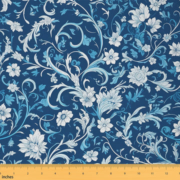 Vintage Exotic Floral Upholstery Fabric by the Yard, Chic White Blue Flowers Decorative Fabric, Retro Abstract