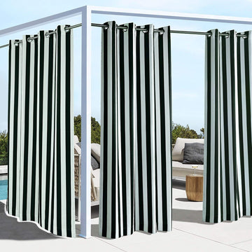 Coastal Stripe Outdoor Curtain Panel with Grommets, 50 W x 84 L - Black