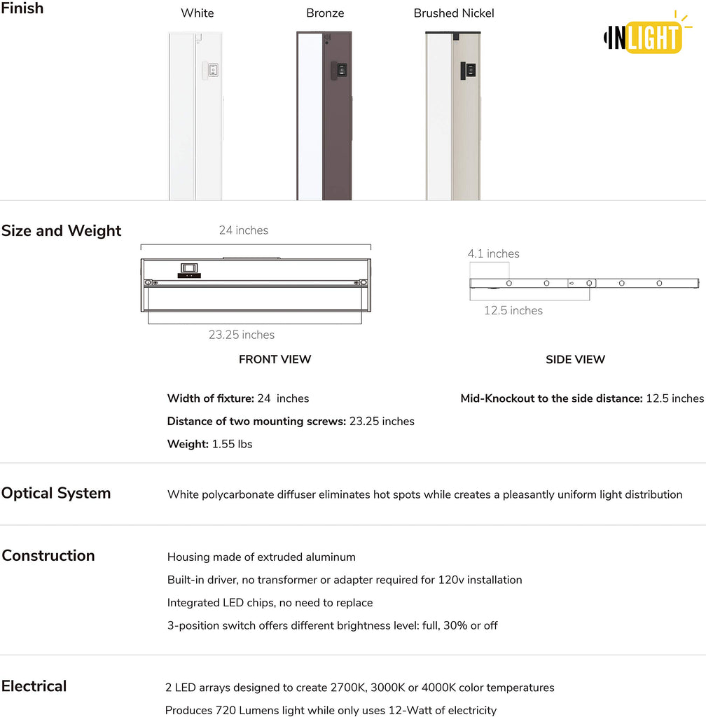 Linkable 3CCT LED Under Cabinet Light, Hardwired/Plug