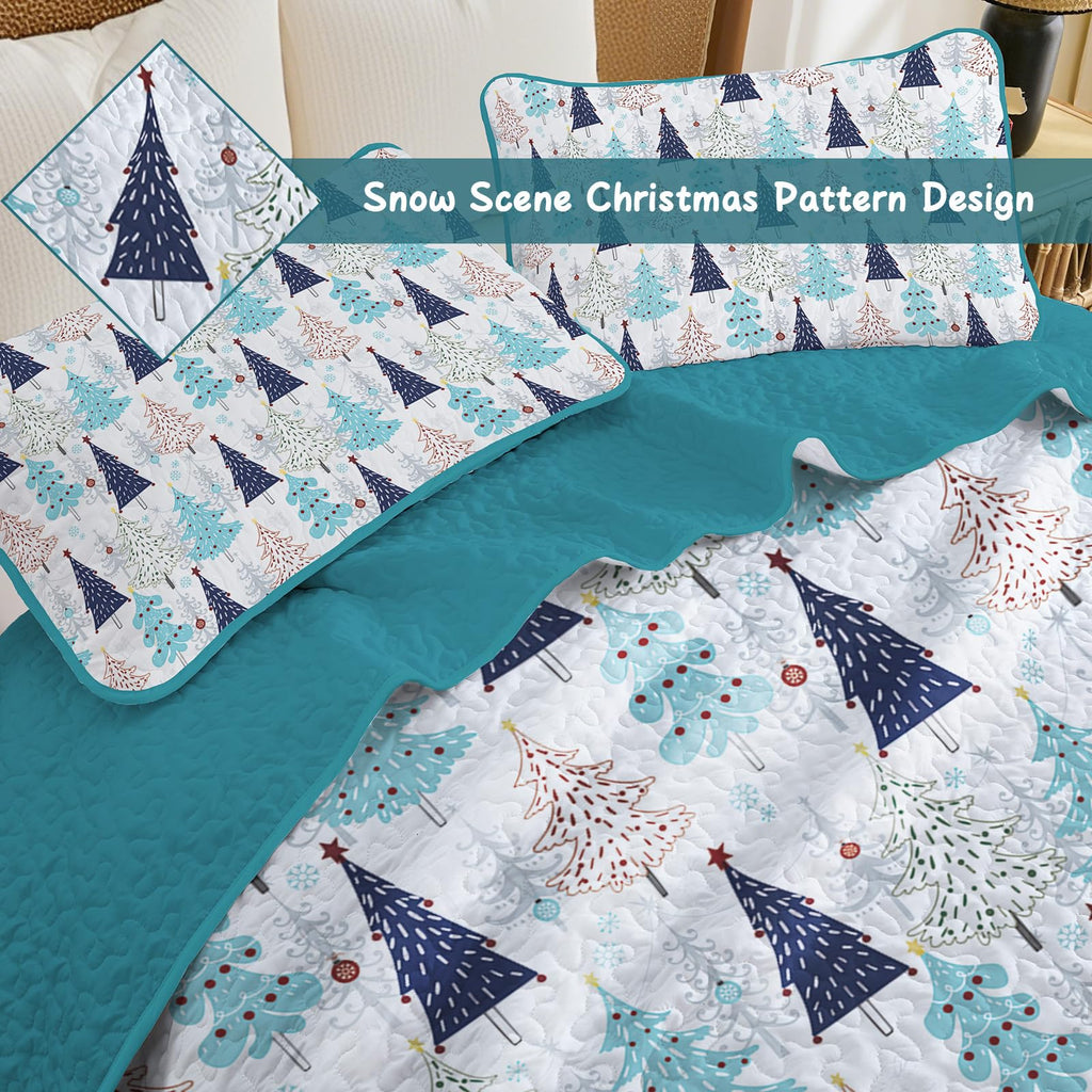 Queen Christmas Quilt Set, Blue Xmas Tree Quilt