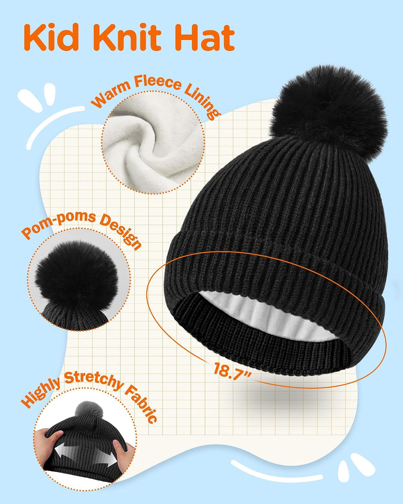 Kids Winter Hat Gloves Scarf Set Children Pompom Knit Beanie Warm Gloves with Thick Fleece for Boys Girls