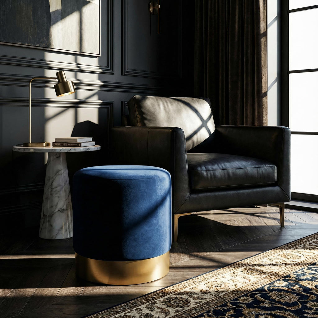 Sheppe Cylindrical Ottoman, 18", Blue Velvet With Gold Base