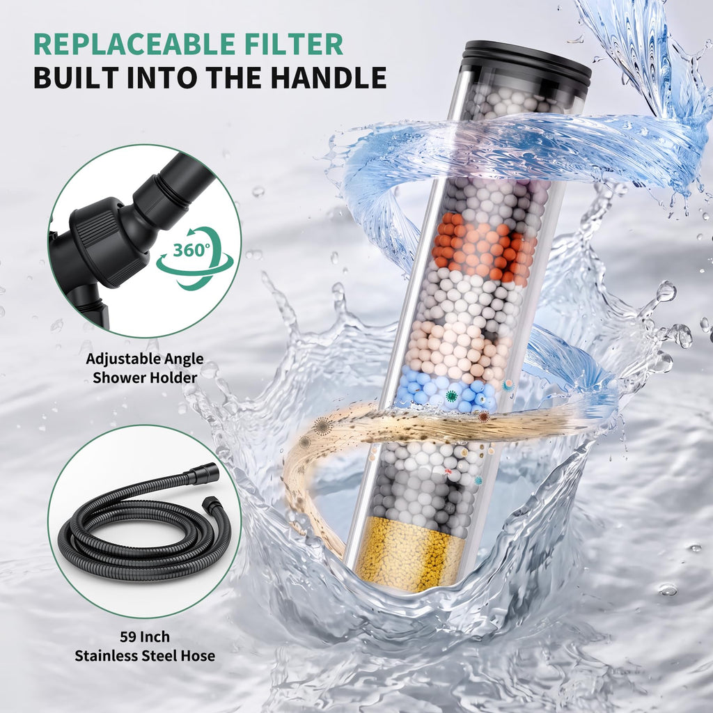 High Pressure Filtered Handheld Shower Head, Black, 4 Filters