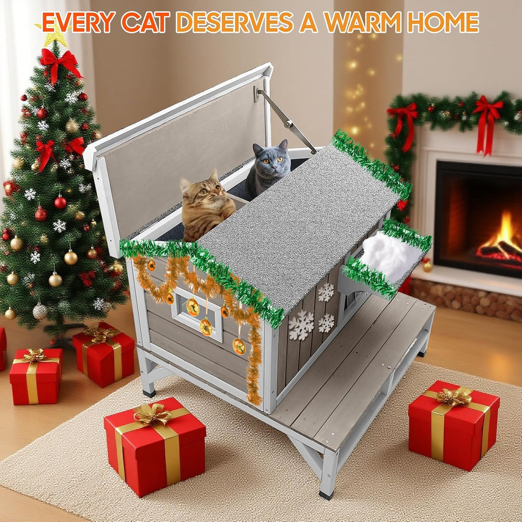 Insulated Outdoor Cat House with Balcony, Raised Feral Shelter