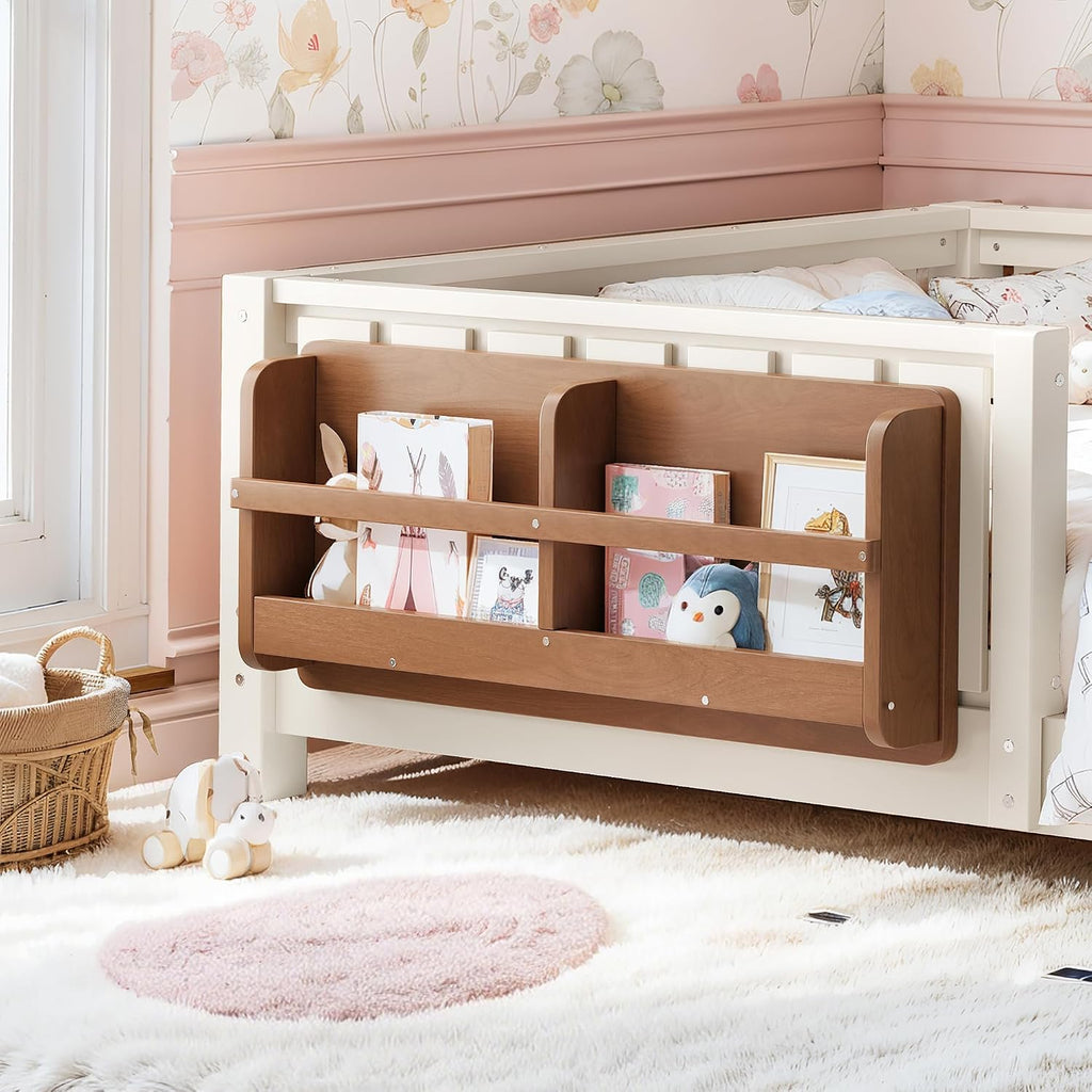 Kids Montessori Bed with Bookshelf, Solid Wood with Fence and Slats for Girls Boys, Low-Profile, Beige