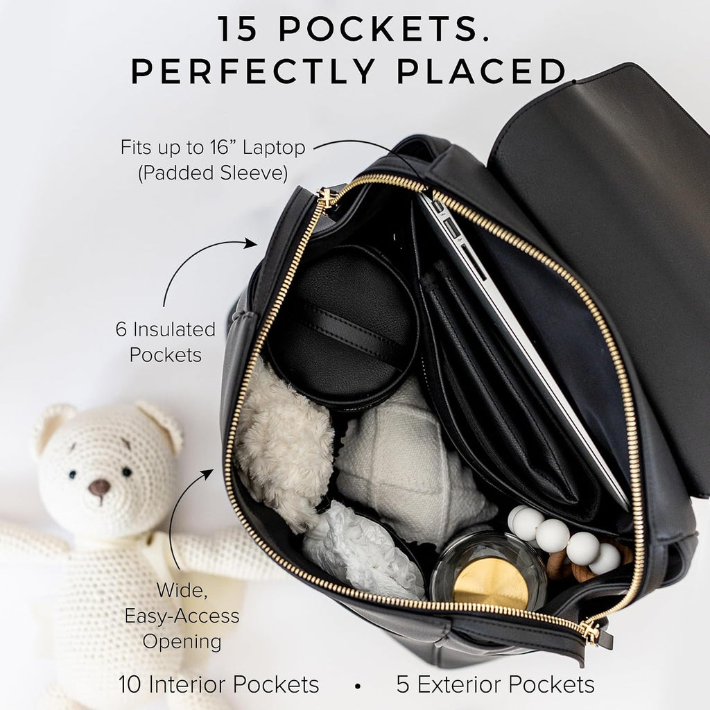 Leather Diaper Bag Backpack with USB Charging port, Changing Pad, Stroller Straps (Black Olivia)