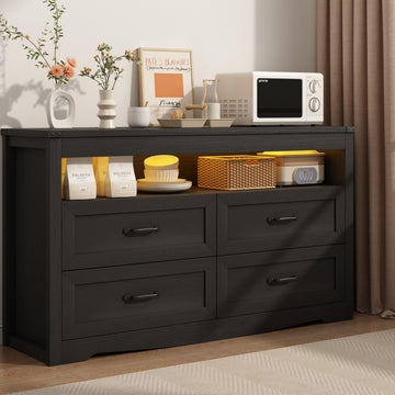 Black Dresser, Wood 4 Drawer Dresser with LED Light, Dressers & Chests of Drawers with Metal Handles, Storage and