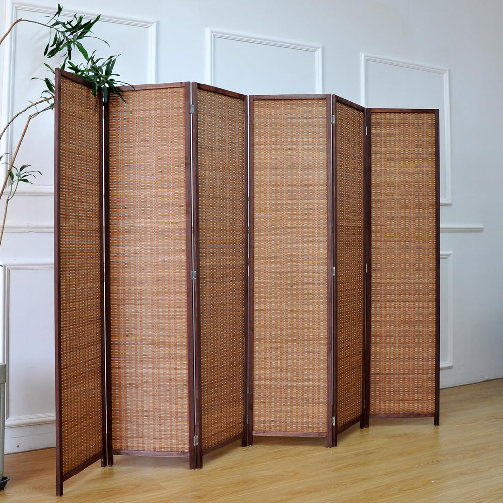 6 Panel Bamboo Room Divider - 5.6 ft Tall Folding Privacy Screen for Room Separation, Natural Brown Freestanding