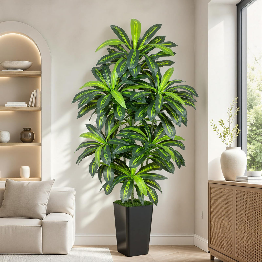 7FT Artificial Dracaena Tree - High-Density Foliage Fake Plant with Black Tall Planter - Faux Yucca Floor Plant Decor