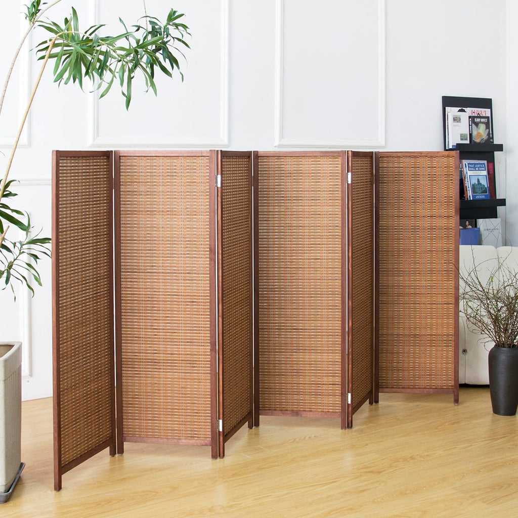 6 Panel Short Room Divider Screen, Brown Freestanding Partition, Small Bamboo Panel Divider for Room Seperation, 3.95 FT