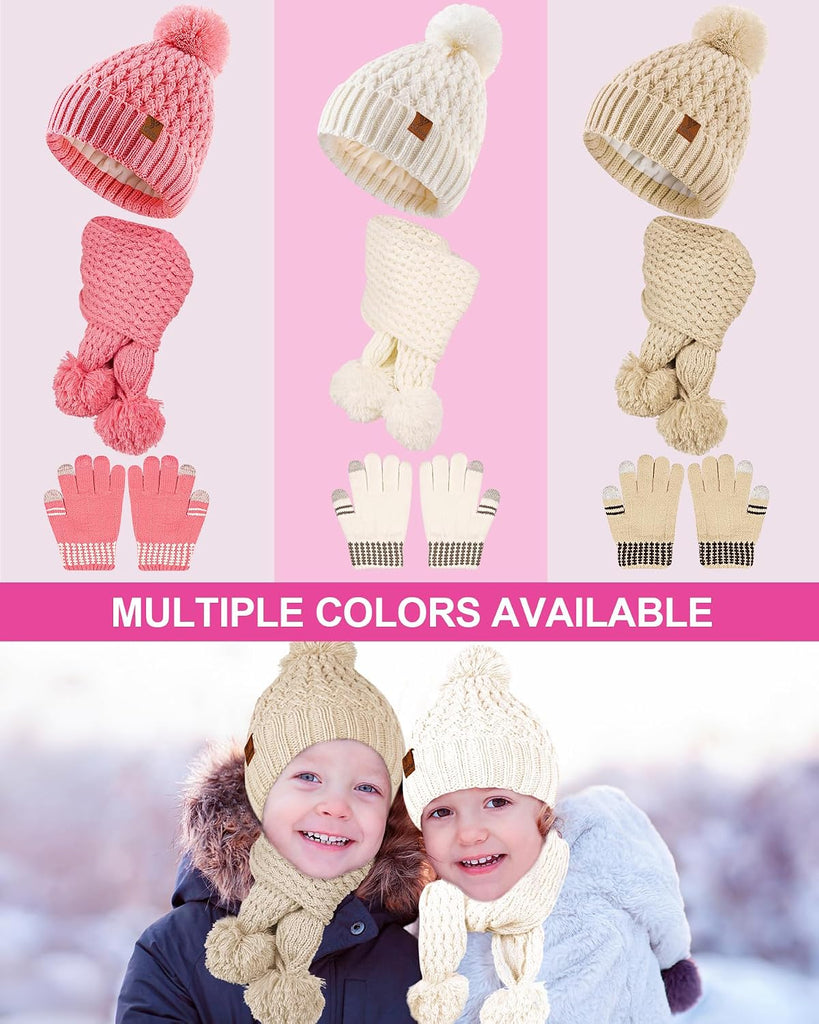 Kids Winter Hat Gloves Scarf Set, Girls Boys Toddler Winter Hat Beanie Pom Knitted Scarves Mittens Fleece Lined Age