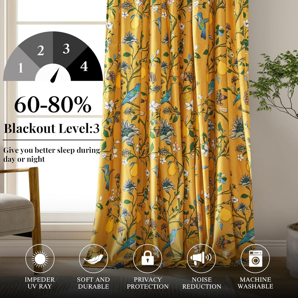 Mustard Yellow Vintage Velvet Curtains 96 inches,Victorian Whimsical Botanical Floral Blackout Room Darkening Curtain