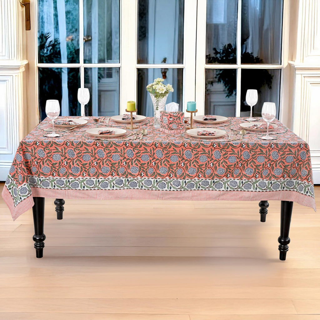 Dark Salmon Pink Hand Block Print Square Tablecloth 60x60 Inch
