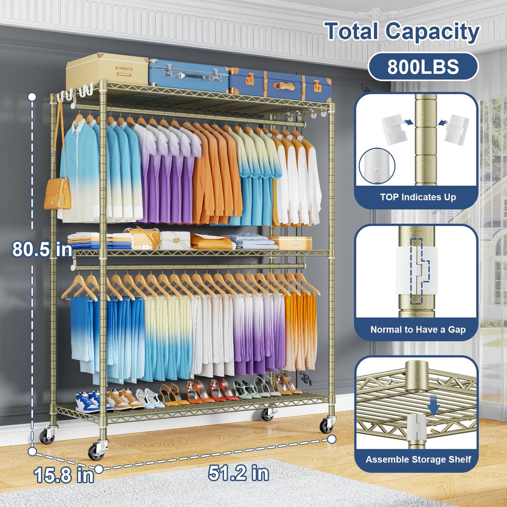 P8 Max Heavy Duty Clothes Rack(With Extended Width Design) Rolling Clothing Racks for Hanging Clothes, Portable