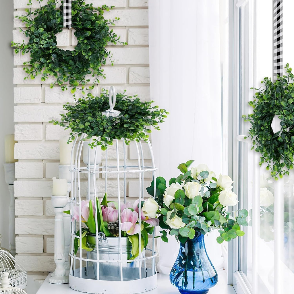 Spring Summer Candle Rings Green Boxwood Wreaths 3 Inch Green Boxwood Candle Rings Pillars Kitchen Cabinet - Set of 4