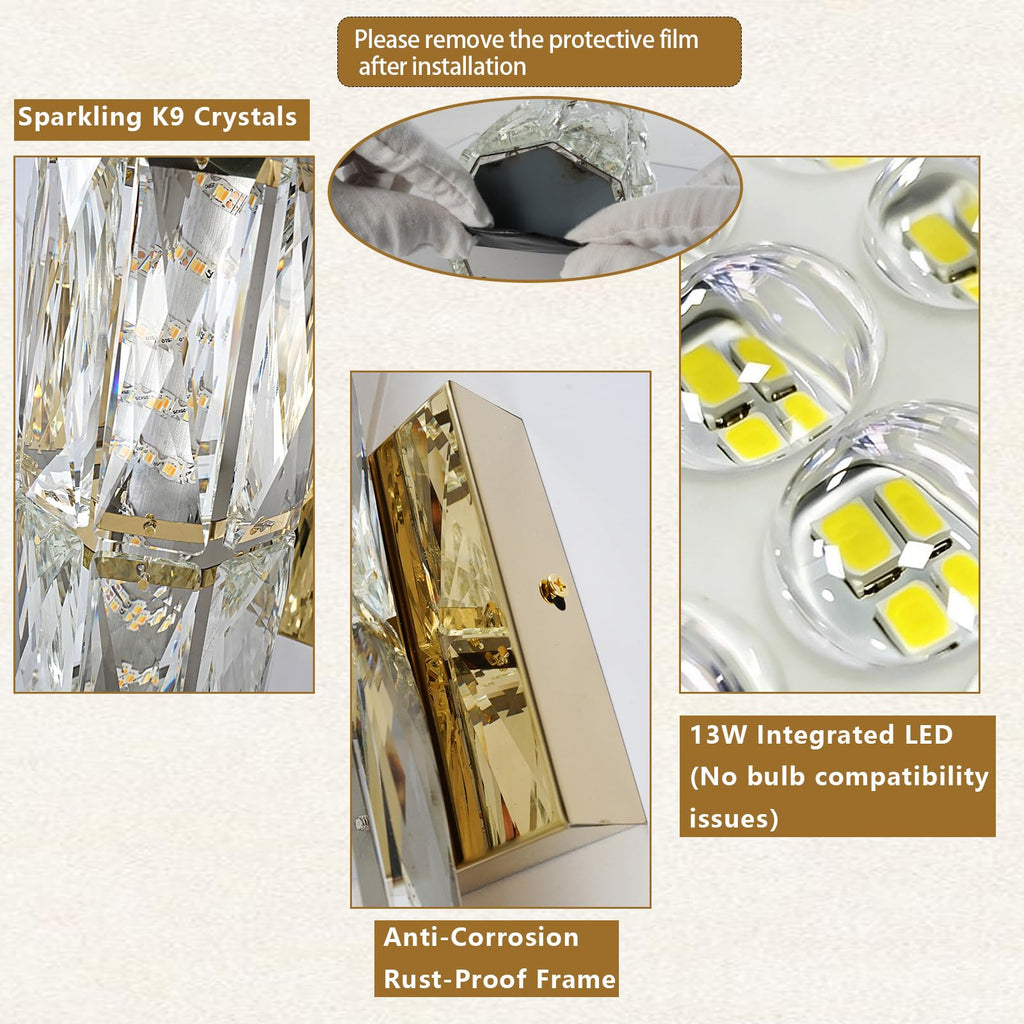 Gold K9 Crystal Wall Sconce, Hardwired LED Wall Light