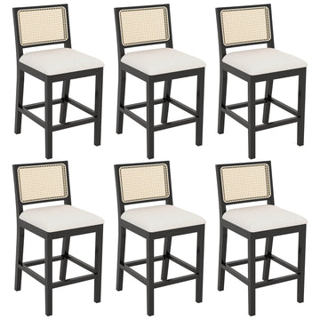 Rattan Bar Stools Set of 6, 26" Counter Height, Durable Black Wood Frame