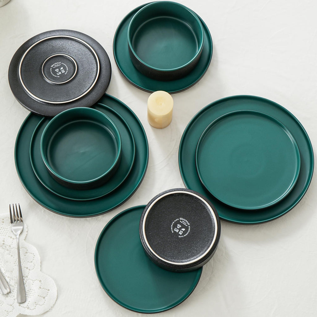 6 Piece Ceramic Plates and Bowls Sets for 2, Modern Green