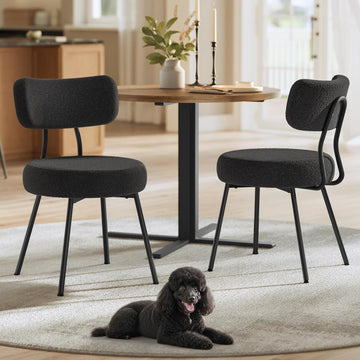 Boucle Dining Chairs Set of 2, Upholstered Kitchen Dining Room Chairs with Curved Backrest and Steel Frame