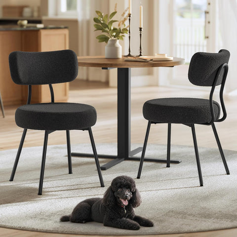Boucle Dining Chairs Set of 2, Upholstered Kitchen Dining Room Chairs with Curved Backrest and Steel Frame