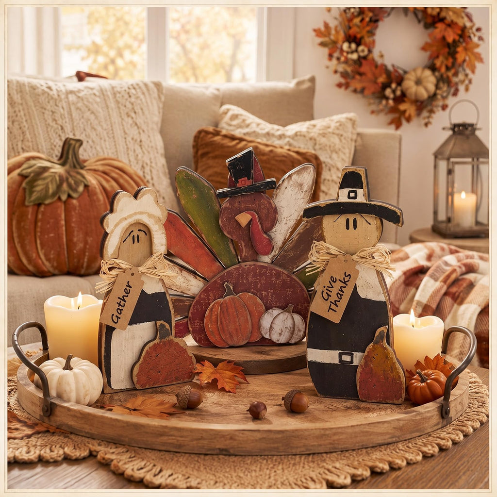 3 Pcs Thanksgiving Turkey Decorations Fall Pilgrim Table Signs
