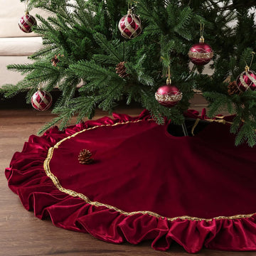 Christmas Tree Skirt: 48 Inch Large Luxury Wine Red Velvet Plush Fur Ruffled Christmas Tree Skirts with Gold Trim