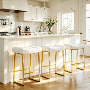 White & Gold Counter Height Bar Stools Set of 3 Counter Backless Kitchen Island Barstools with Upholstered Faux