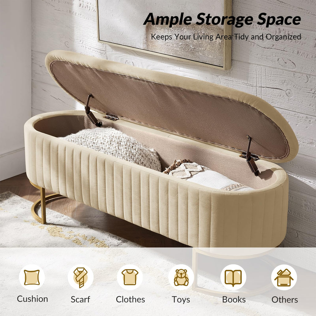 50.5" Velvet Storage Ottoman Bench with Gold-Toned Legs, Luxury Upholstered End of Bed Multi-Functional Footrest &