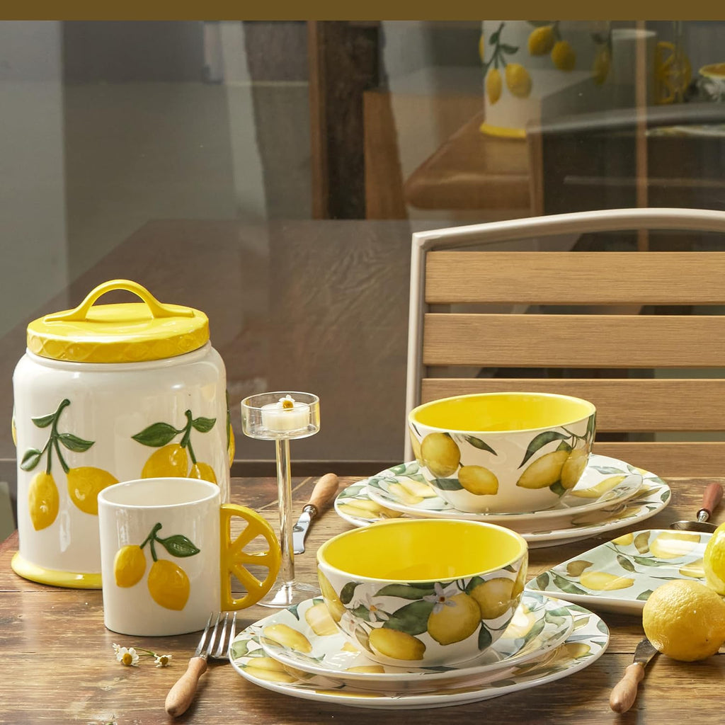 Lemon Handpainted 9 inch Stoneware Cookie Jar, Dishwasher Safe, Air Tight Seal for Keeping Cookie, Spices, Coffee