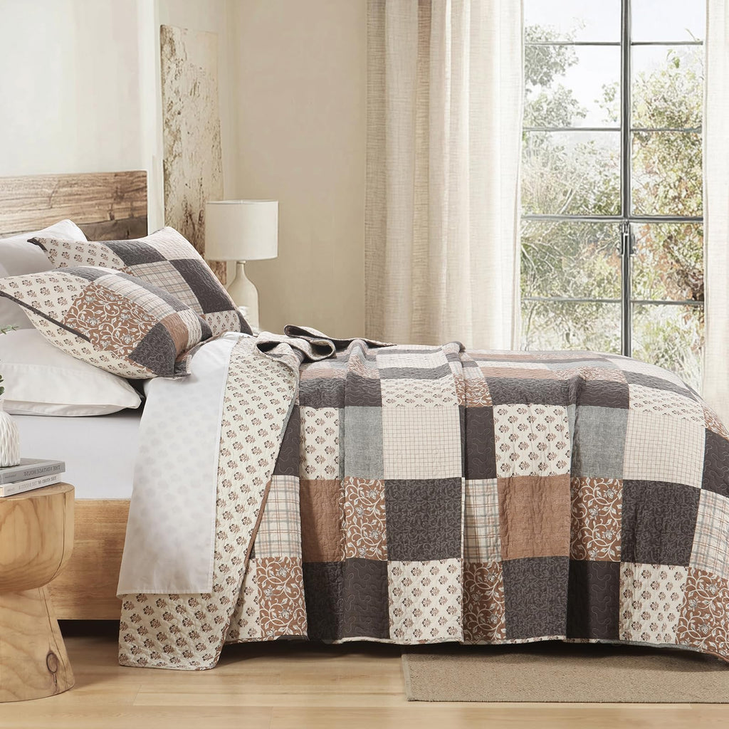 100% Cotton Quilt Set, Cottage Printed Check, Brown Charcoal