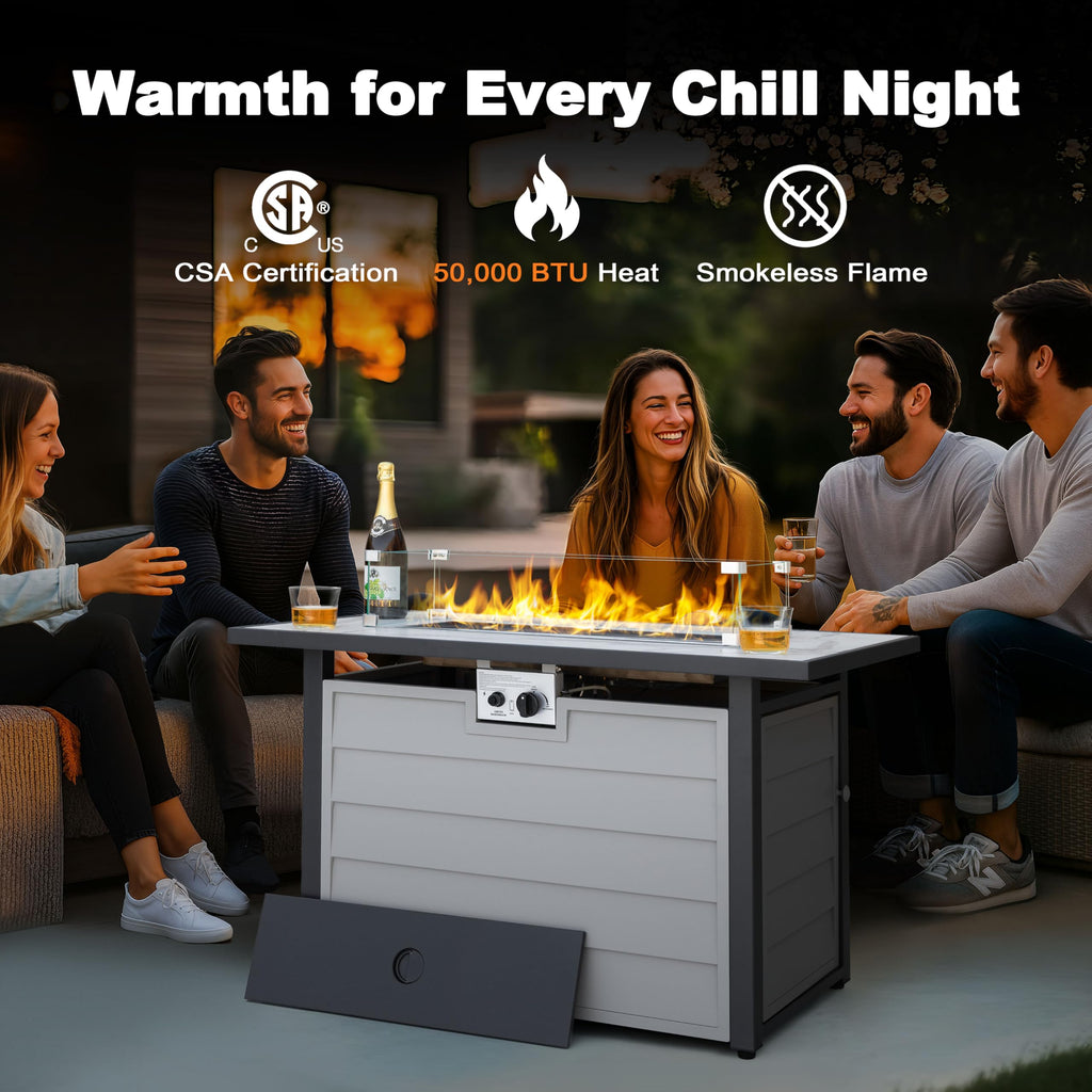 43'' Patio Propane Fire Pit Table, 50, 000 BTU Gas Fire Pit with Marble-Textured Glass Top, Wind Guard, Lid, Glass