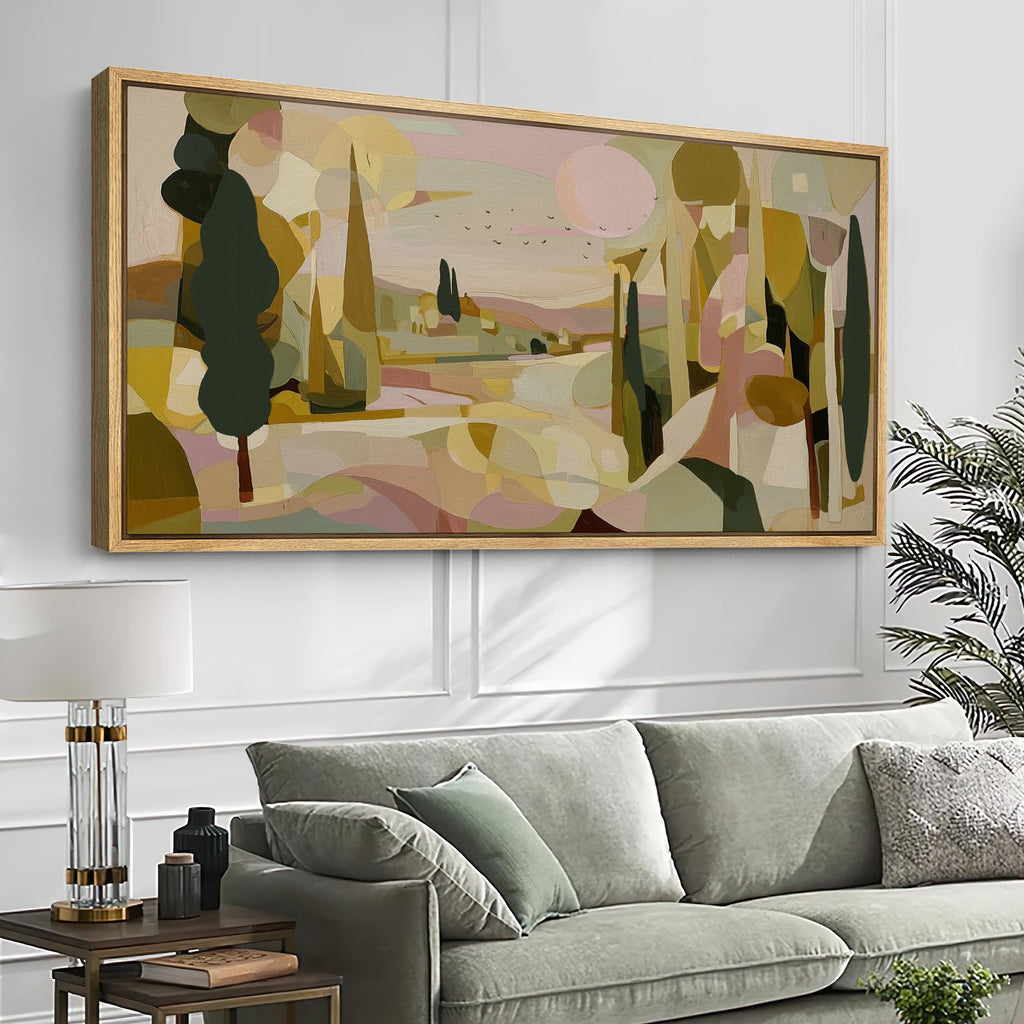 Extra Large Framed Canvas Print Wall Art Abstract Tuscan Landscape Soft Pastel Tone Geometric Scenery Illustrations