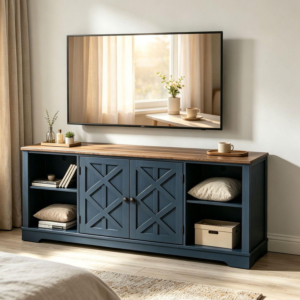 70 Inch Navy TV Stand, Farmhouse Rustic Media Console with Storage