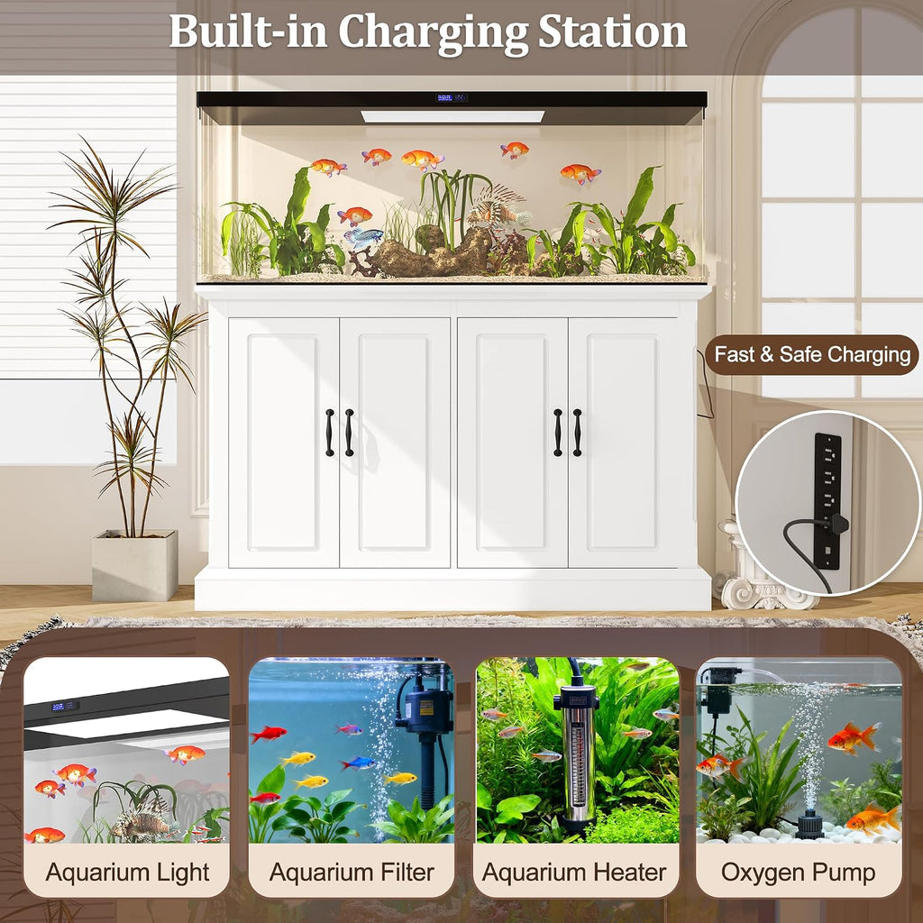 55-75 Gallon Fish Tank Stand, 880LBS Capacity, Built-in Charging Station & Power Outlets, 4 Cabinets, Storage Drawer