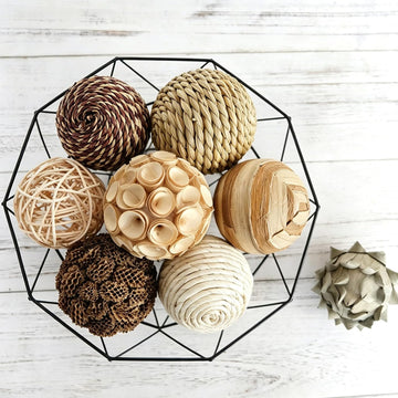 Decorative Balls Spherical Assorted Brown White Orbs Rustic Natural Twig Rattan Woven Cotton Balls for Vase Bowl - Set of 9