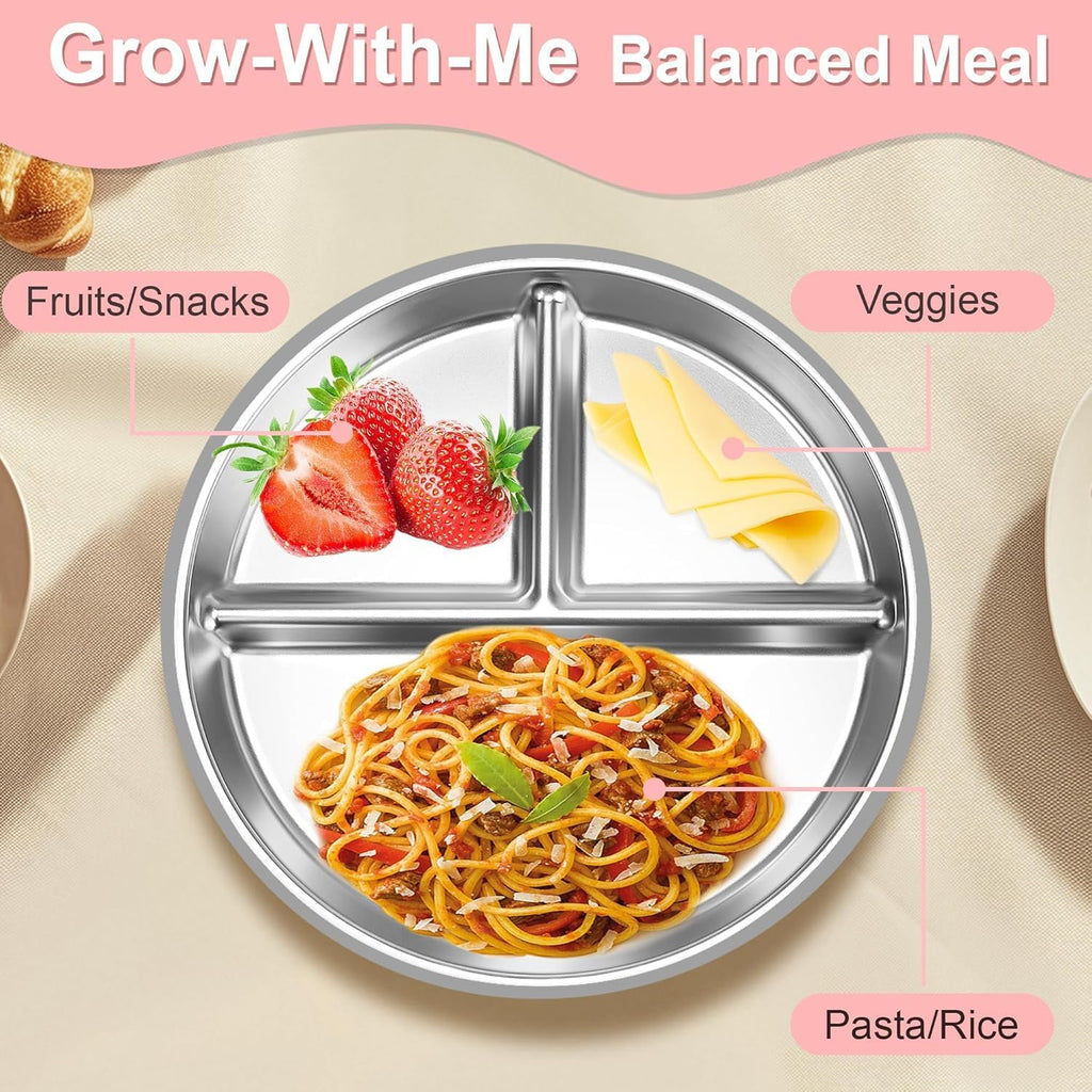 Stainless Steel Toddler Plates Silicone Suction, Non-Slip Baby Plates, Divided Portion, Food-Grade Silicone Plate