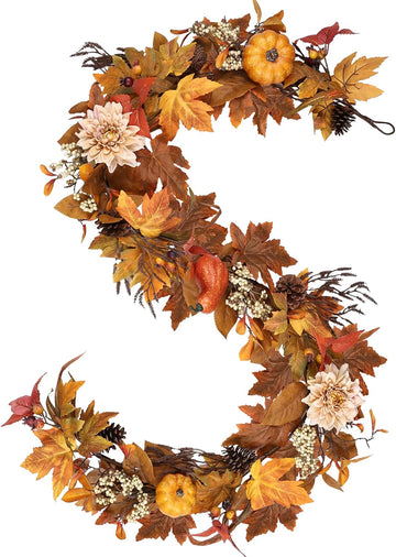 Fall Garland 6Ft Lifelike Autumn Maples Leaf Pumpkin Garland with Berries Pine Cones, Fall Decorations Thanksgiving - Set of 6
