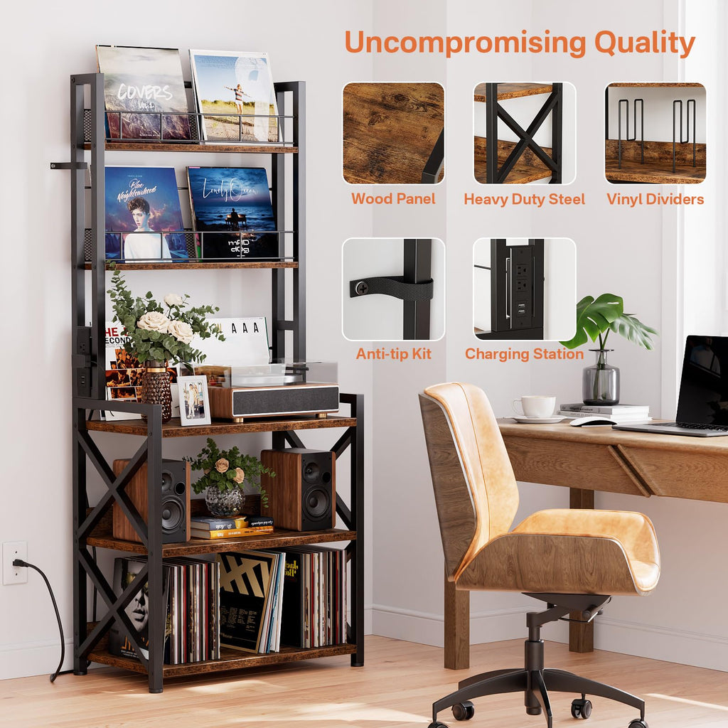 Record Player Stand with Power Outlet - Turntable Display Shelf