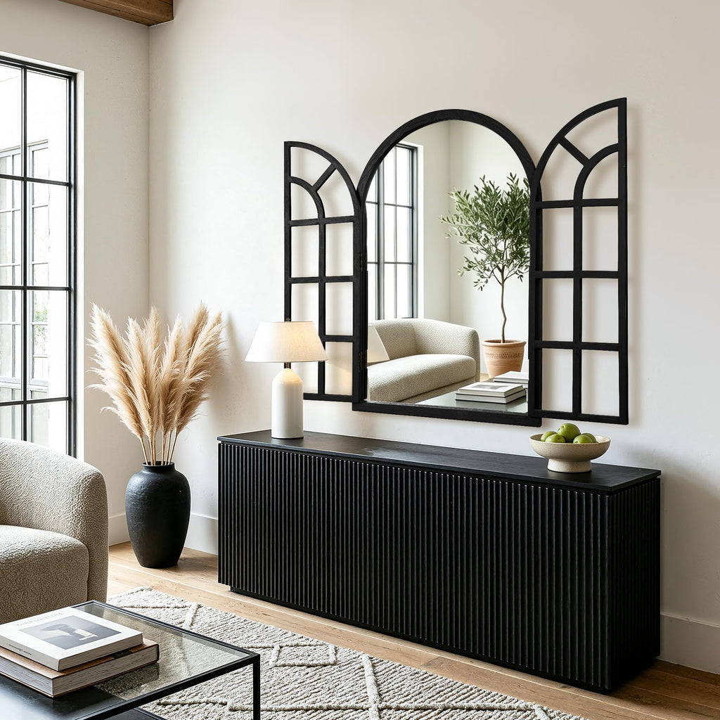 Arched Wood Mirror for Wall, 24" x 36" Rustic Farmhouse Mirror, Black