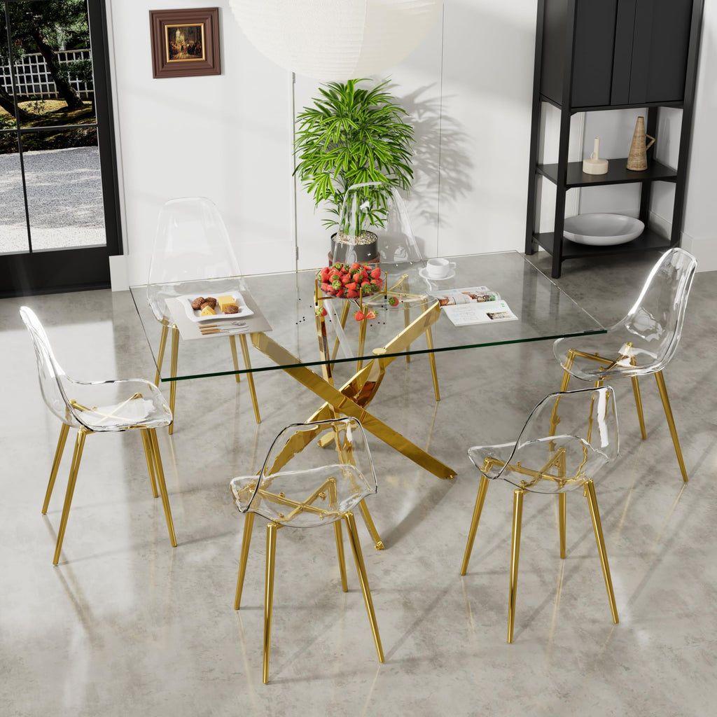 63" Glass Dining Table for 4-6, Contemporary Rectangular Dining Room Table with Tempered Glass Top & Gold Finish