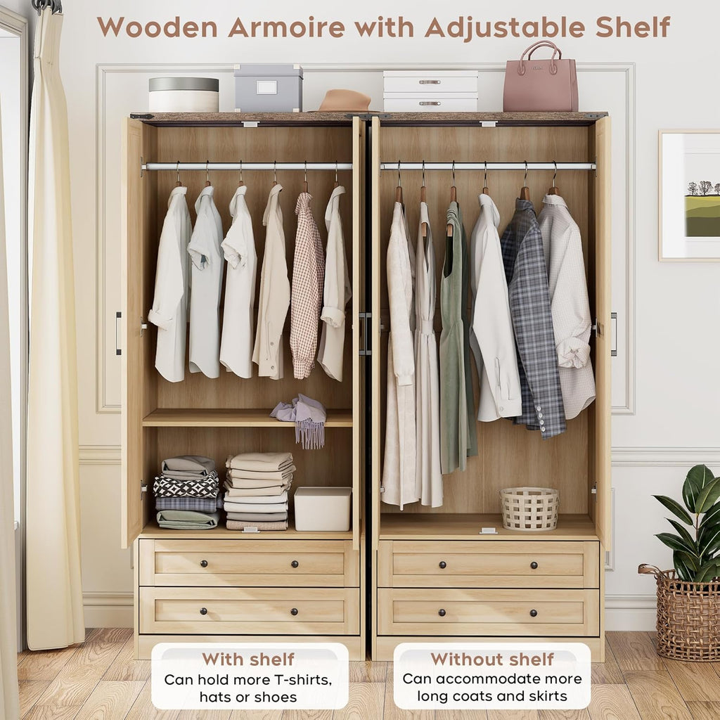 2 Doors Wooden Armoire Wardrobe Closet with 2 Drawers, Natural | 2 Modern Doors, Freestanding, with Drawers and