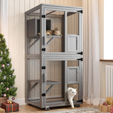 4 Tier Catio Outdoor Cat Enclosure, Indoor Cat House with 4 Wheels