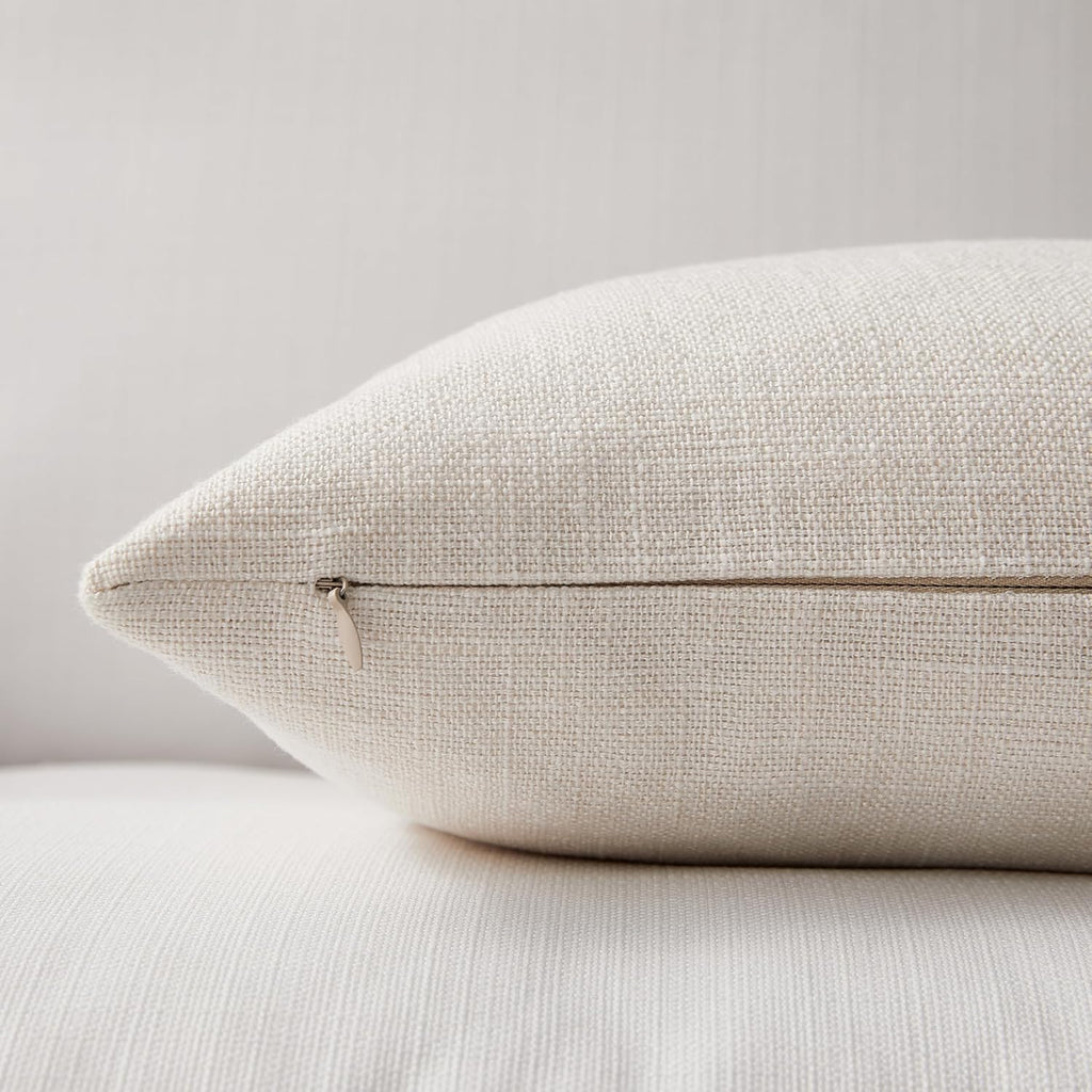 Set of 2 Ivory Throw Pillow Covers 18x18, Modern Farmhouse Linen Blend Decorative Pillow Covers, Neutral Home Decor