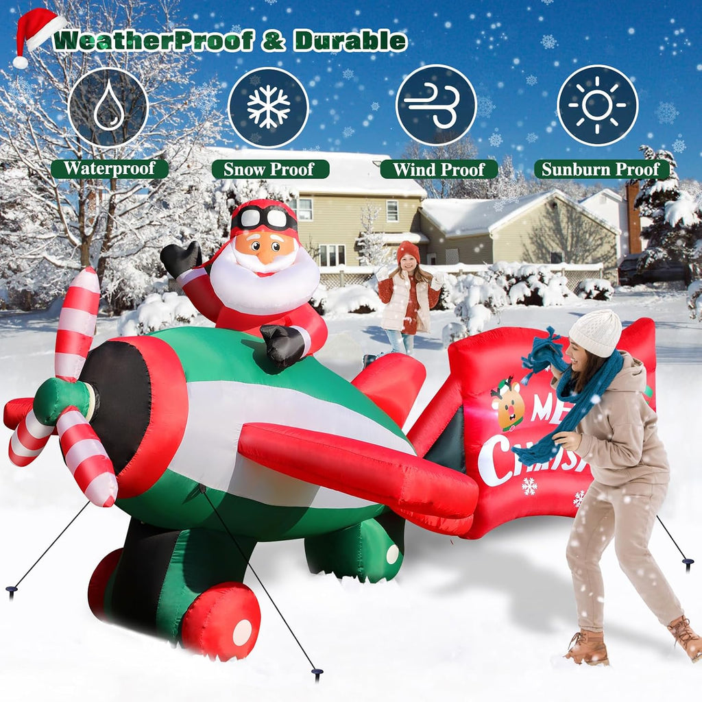 10.5 FT Animated Christmas Inflatables Santa Claus on Airplane, Santa Claus on Helicopter with Merry Christmas