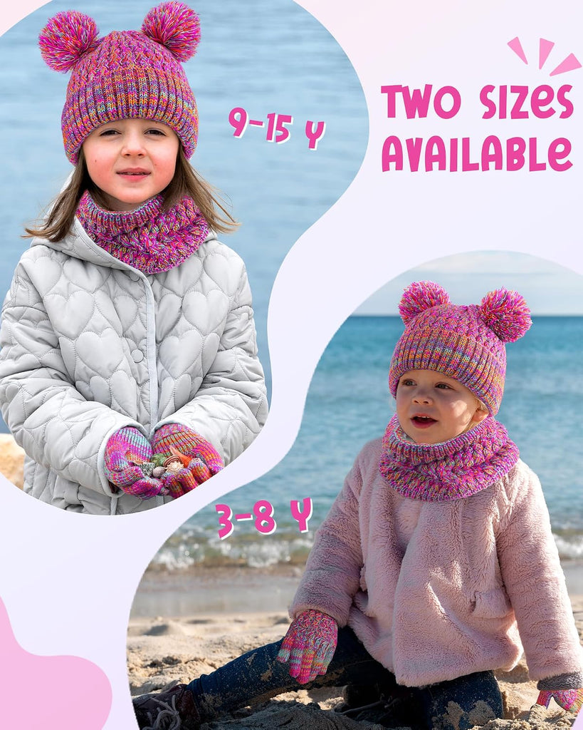 4 Pcs Kids Winter Hat Gloves Scarf Set, Thicken Warm Toddler Beanie Mittens Neck Warmer Set for Boys Girls