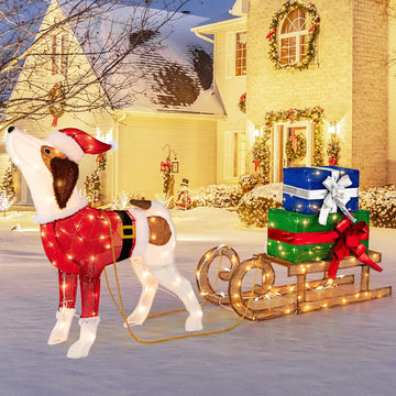 Lighted Christmas Dog with Sleigh & Gift Boxes Combo Decorations, Xmas Lighted Indoor Decorations, Pre-lit Christmas