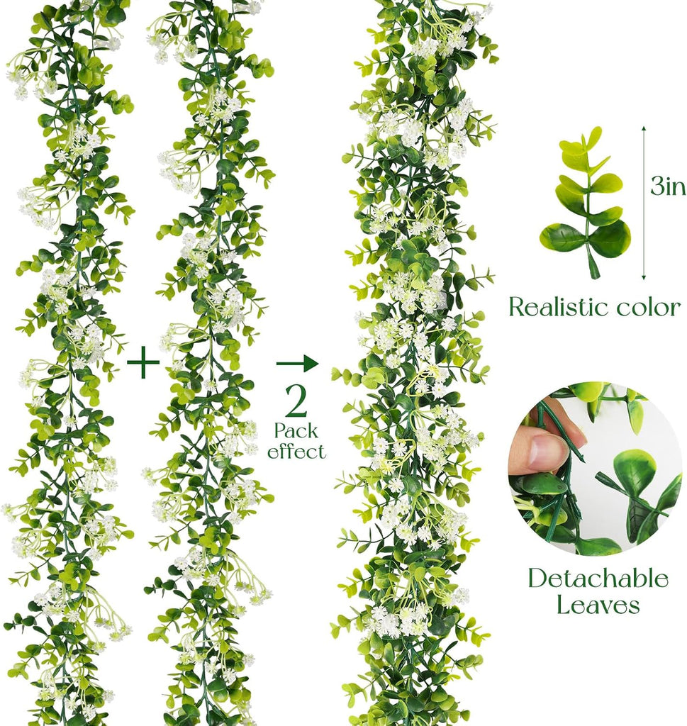 6FT Eucalyptus Garland with Flowers, 2 Pack Artificial Greenery Garland Hanging Summer Eucalyptus Garland Suitable - Set of 2